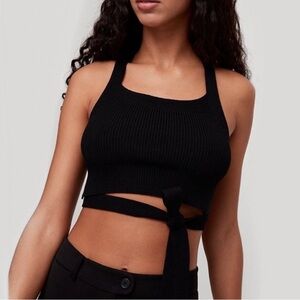 Aritzia Cayenne Black Ribbed Knit Tie-Front Top
